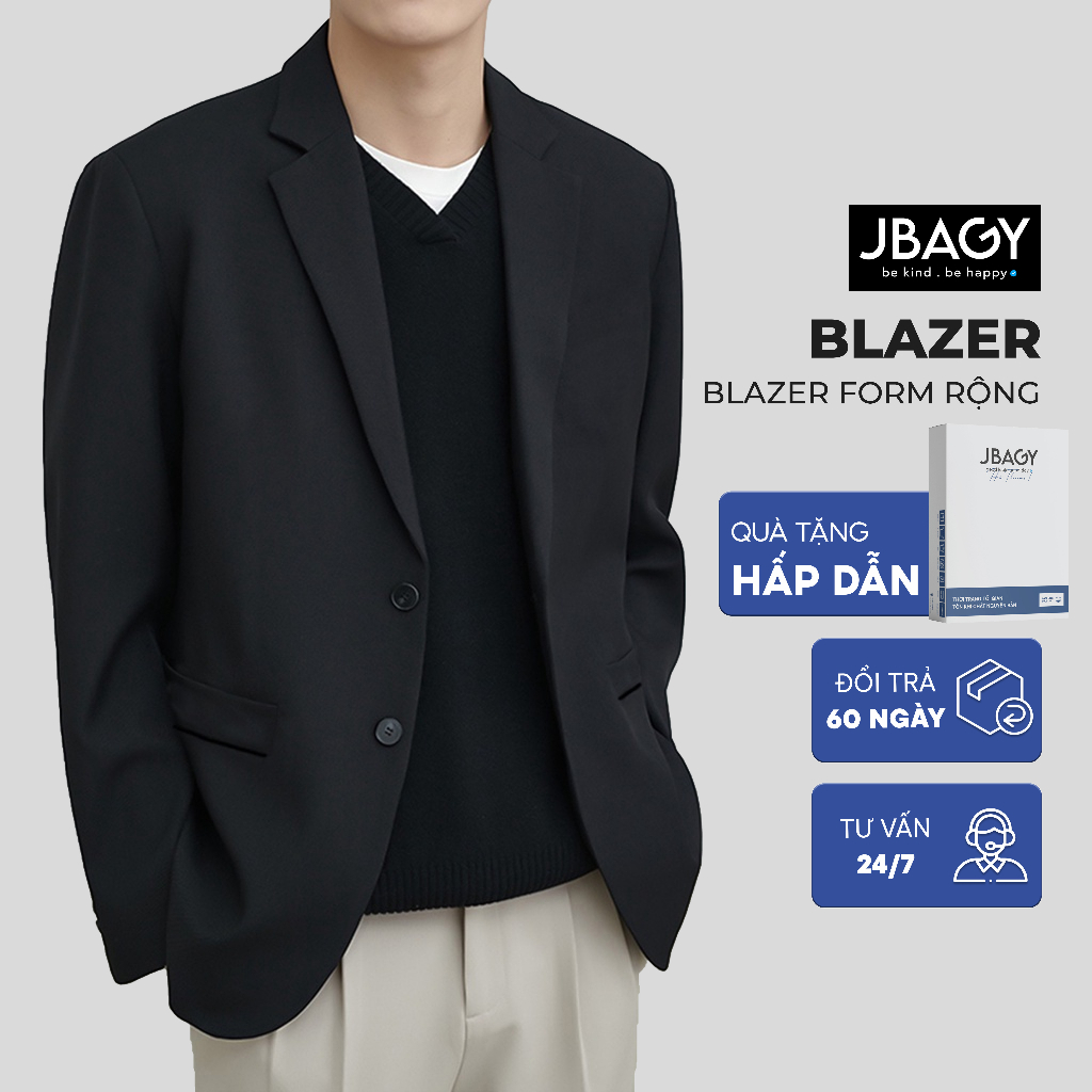 Áo khoác blazer nam form rộng hàn quốc màu đen, kem 2 khuy cài thương hiệu JBAGY - JK0101