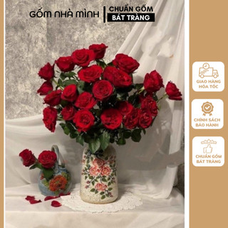 Bình cắm hoa vẽ tay hoa hồng gốm Bát tràng, bình hoa men tiêu dáng bom thấp gốm Bát Tràng, bình hoa men mộc Bát Tràng