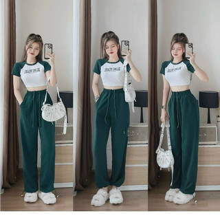Set bộ đồ nữ thun áo croptop mix quần ống rộng với tone màu xanh năng động, cá tính M822 - yado