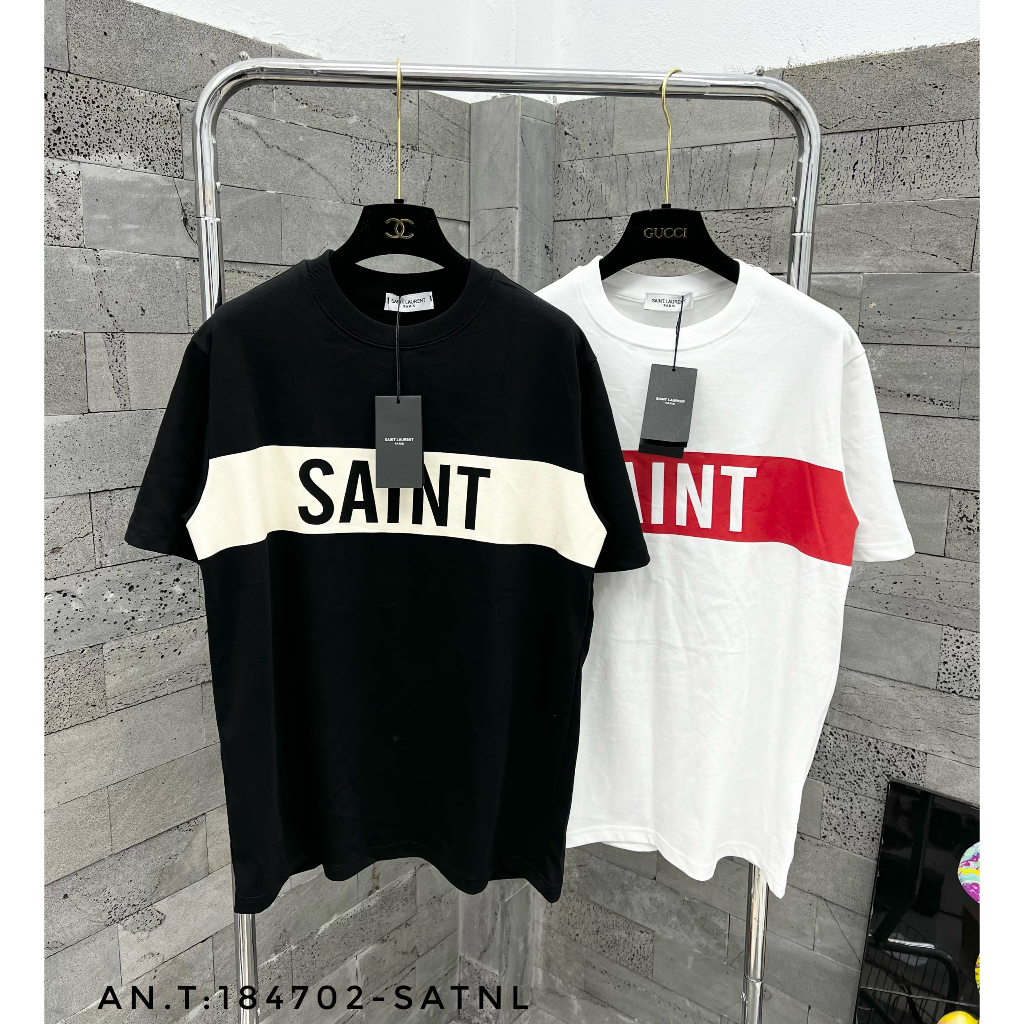 Áo thun Saint - Laurent phối ngang trẻ trung hàng cotton cực nét cho anh em cháy phố, Áo Phông Unisex Nam Nữ