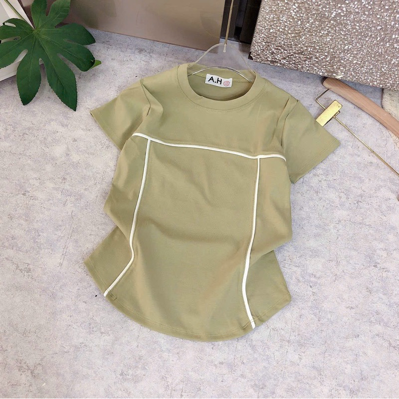 Áo thun body tay ngắn cổ tròn phối viền