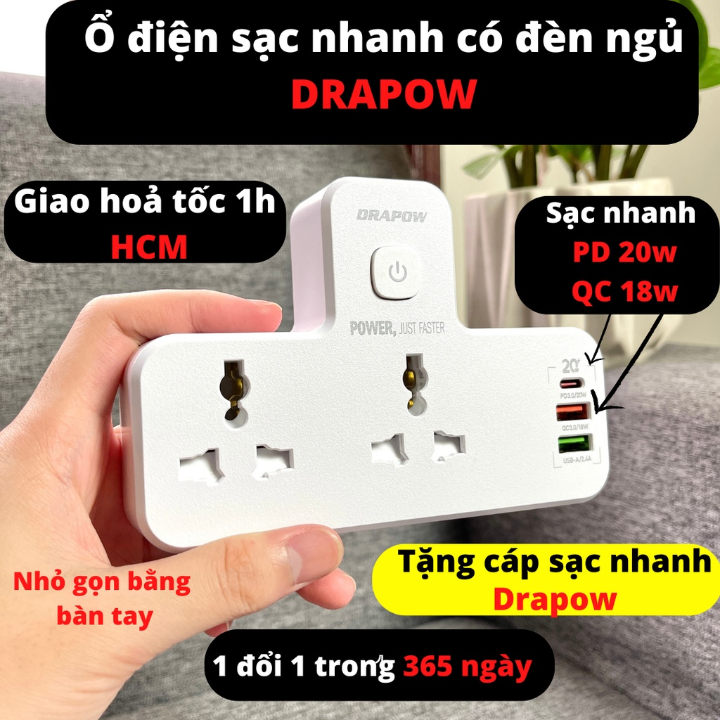 Ổ điện cao cấp sạc nhanh PD 20W Drapow SK22 Chính hãng
