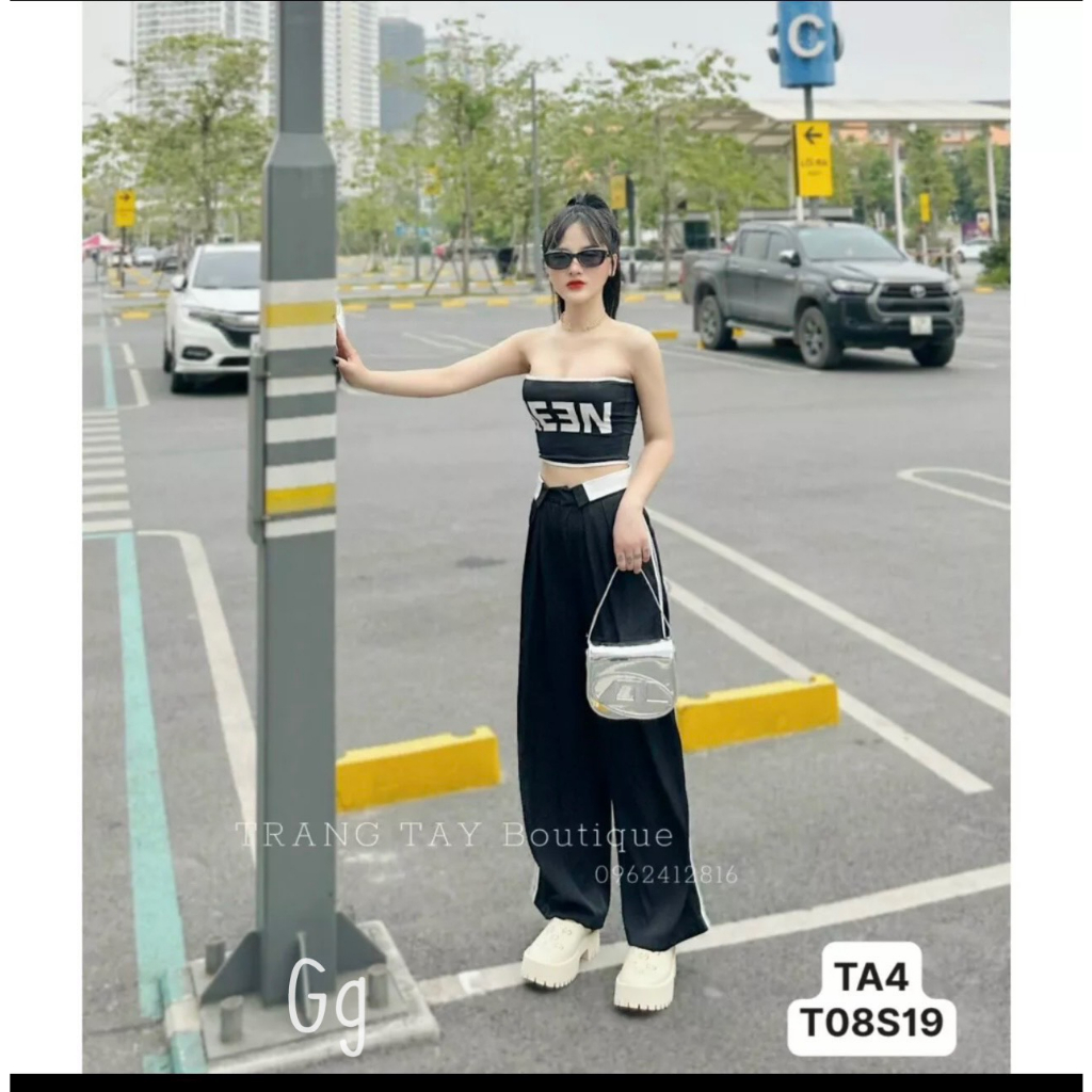 sét bộ áo ống chữ kèm quần dài suông gấp trắng lưng chất tuyết mưa mềm