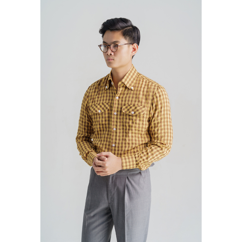ÁO SƠ MI COTTON KẺ CARO VÀNG NÂU CỔ BUTTON DOWN KILEE - PREMIUM SHIRT