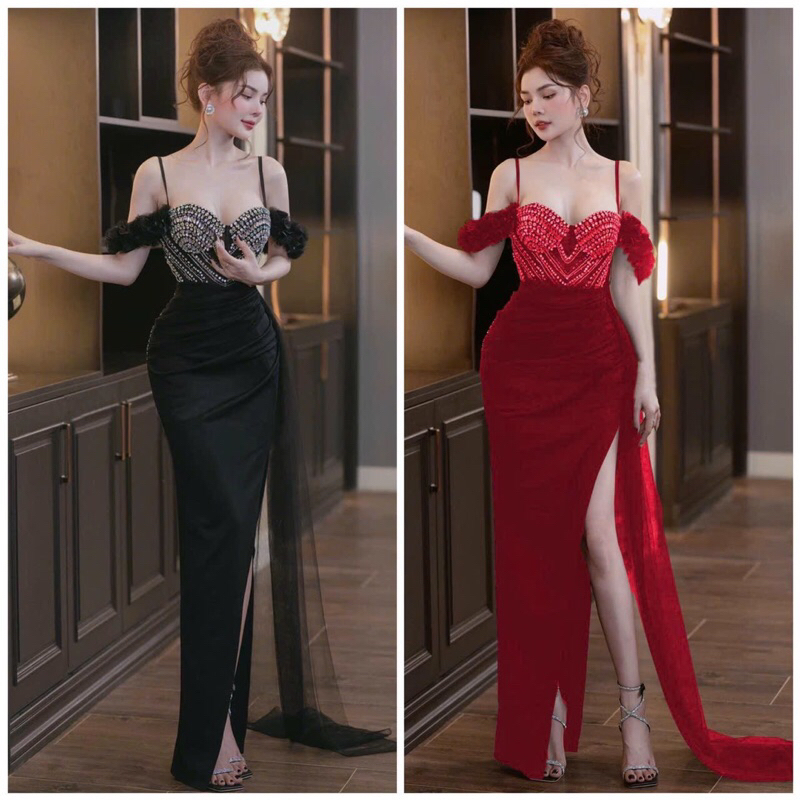 SIZE>65KG ĐẦM DẠ HỘI TRỄ VAI TÀ LƯỚI RỜI KẾT ĐÁ
