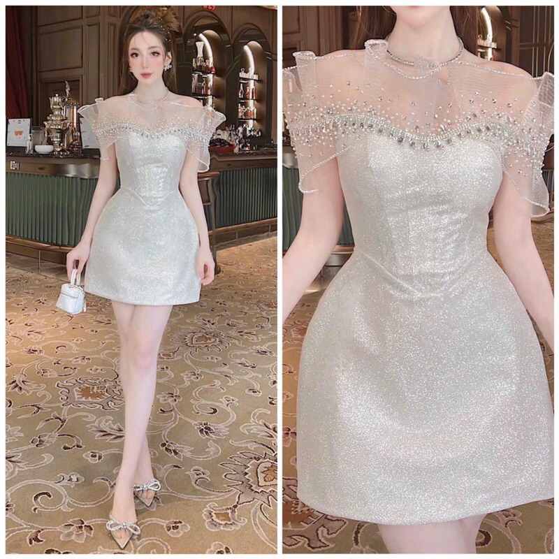 SIZE> 62KG ĐẦM KIM TUYẾN BẸT VAI NỮ HOÀNG ĐÍNH ĐÁ