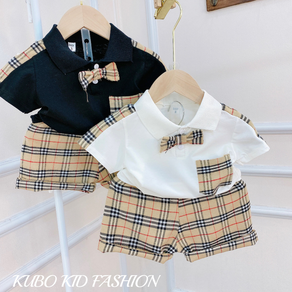 Bộ công tử kẻ bbr quần vải thô mềm mại, kèm nơ cổ, áo cotton hàng đẹp, 2 màu trắng, đen