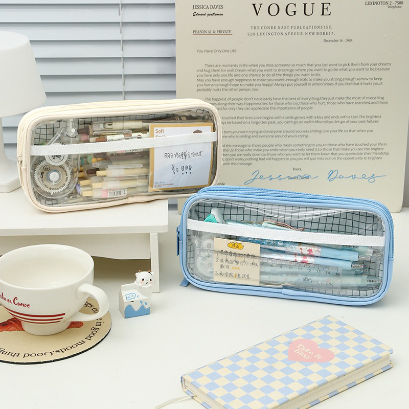 Túi Đựng Bút Trong Suốt họa tiết caro phong cách Hàn Quốc Tiện Dụng
