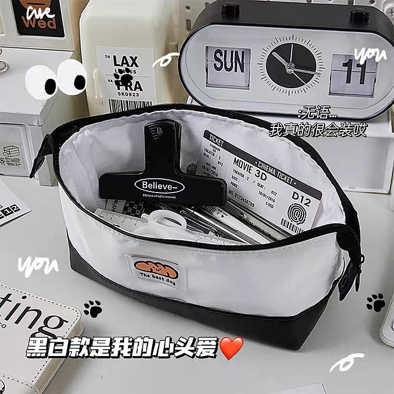 Túi Đựng Bút Siêu To Vải Canvas Đen Trắng phong cách Hàn Quốc Tiện Dụng