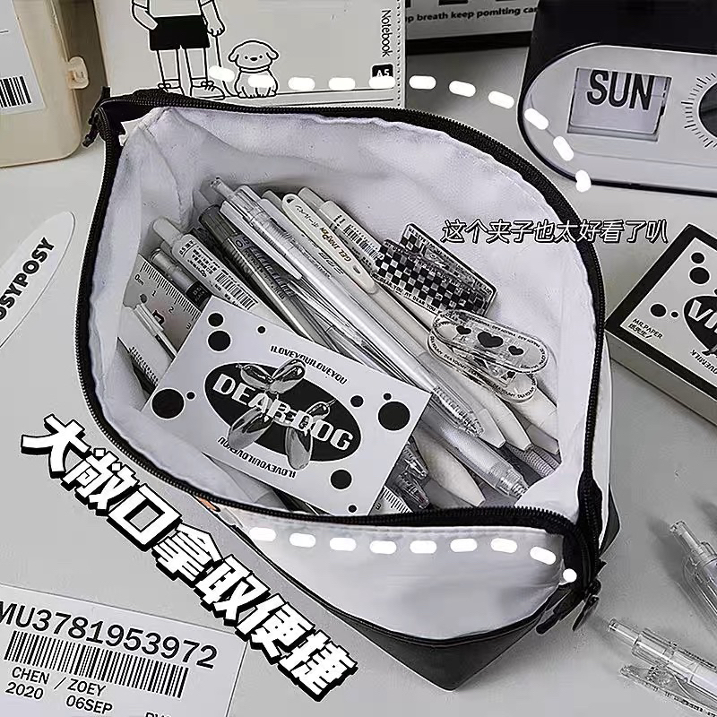 Túi Đựng Bút Siêu To Vải Canvas Đen Trắng phong cách Hàn Quốc Tiện Dụng