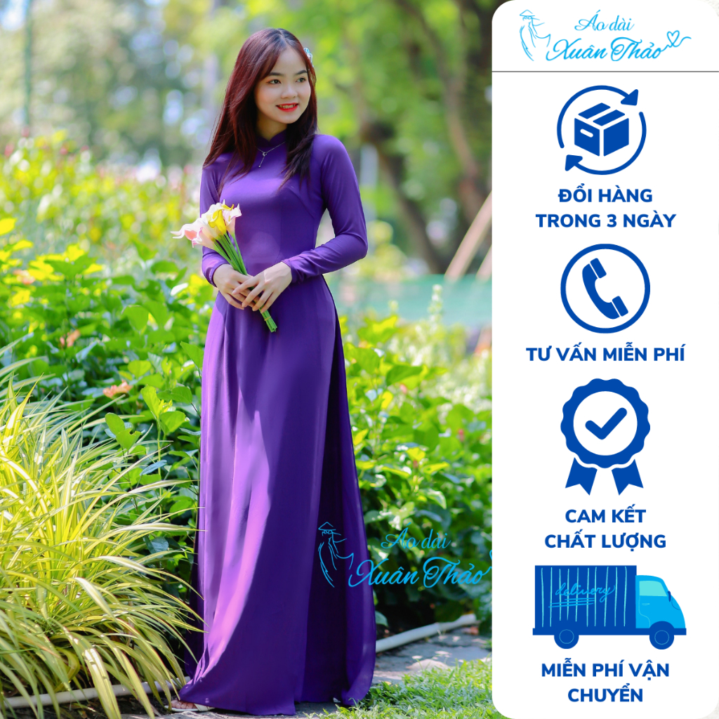 Áo dài tím huế truyền thống cao cấp vải chiffon áo dài tím huế trơn truyền thống 4 tà cổ sen tay dài chụp ảnh đẹp