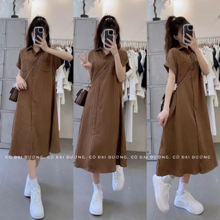 Váy suông cổ polo cộc tay đũi gân dáng xòe, đầm suông cổ sơ mi chất đũi gân ba màu mềm mát