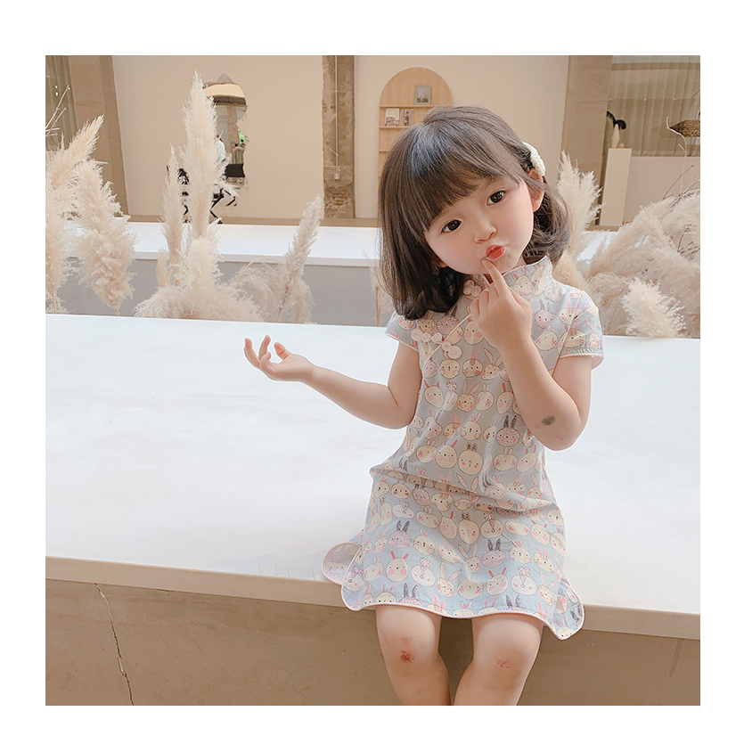 Sườn xám mùa hè cho bé gái họa tiết thỏ con dễ thương chất cotton quảng châu mỏng mát