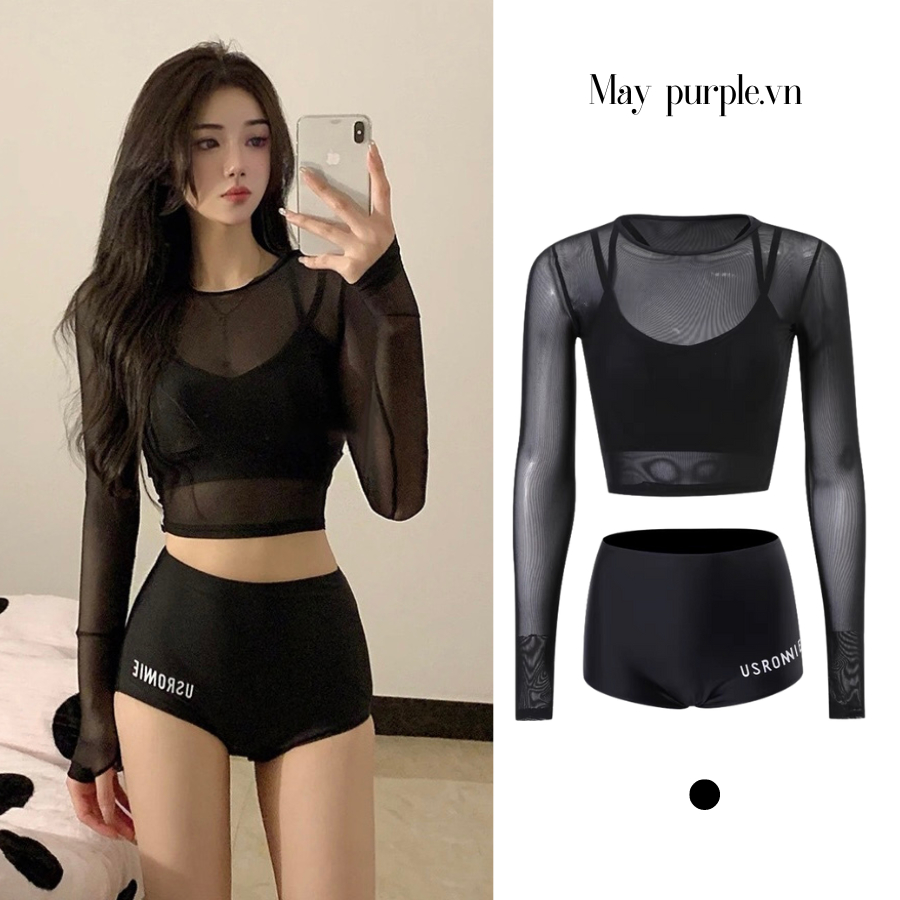 Bikini áo tắm 2 mảnh dài tay phối ren đen sexy phối chữ Hàn Quốc