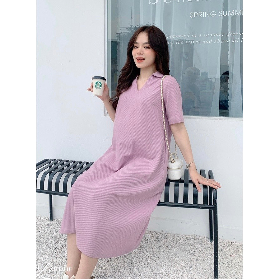 Váy suông polo cổ v có túi chất tăm lạnh, đầm polo dáng dài form rộng bầu bí bon chen được