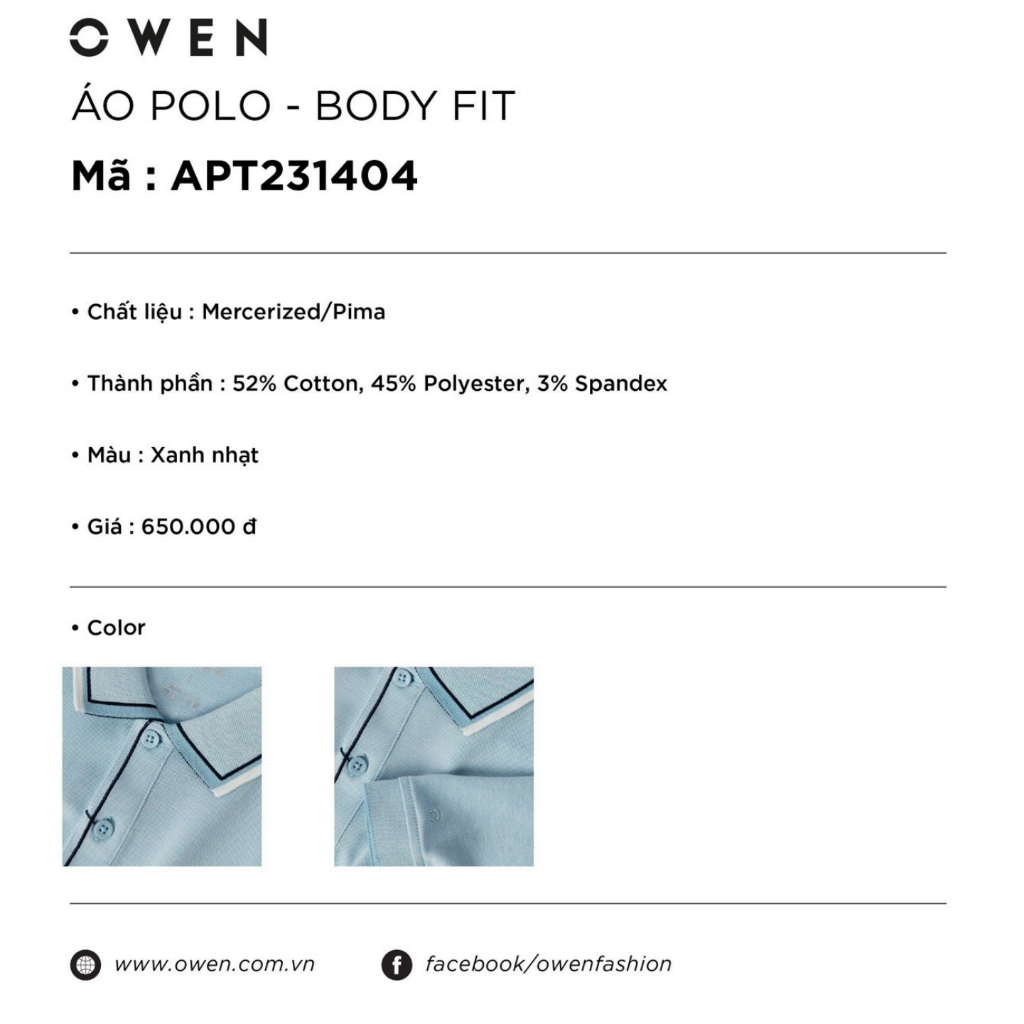 OWEN - Áo polo nam ngắn tay Owen chất pima mềm mát màu xanh nhạt 231404