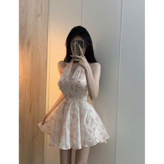 Váy đầm hoa hở ngực cổ V không tay form xoè mặc được 2 kiểu