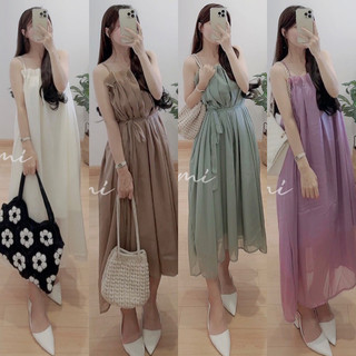 Đầm tơ ống 2s voan 2 lớp có dây tăng đưa kèm thắt eo 5 màu freesize Pumi 14475