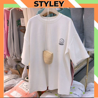 Áo phông nam nữ tay lỡ form rộng in hình mặt cười dễ thương và cute, Áo thun cổ tròn chất cotton mềm mại STYLEY T012