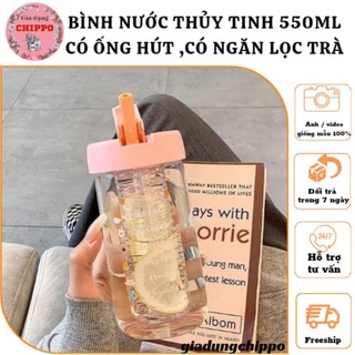 Bình nước thủy tinh 550ml có ống hút , có nhăn lọc trà