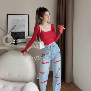 Áo thun lụa croptop dài tay cổ vuông rộng siêu hot sang chảnh