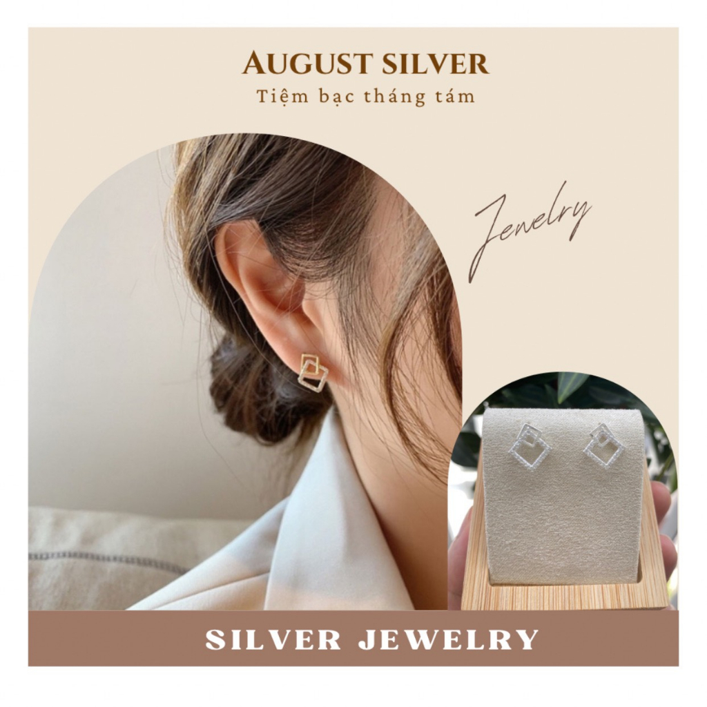 Khuyên tai bạc nữ mặt vuông kép nạm đá Augustsilver