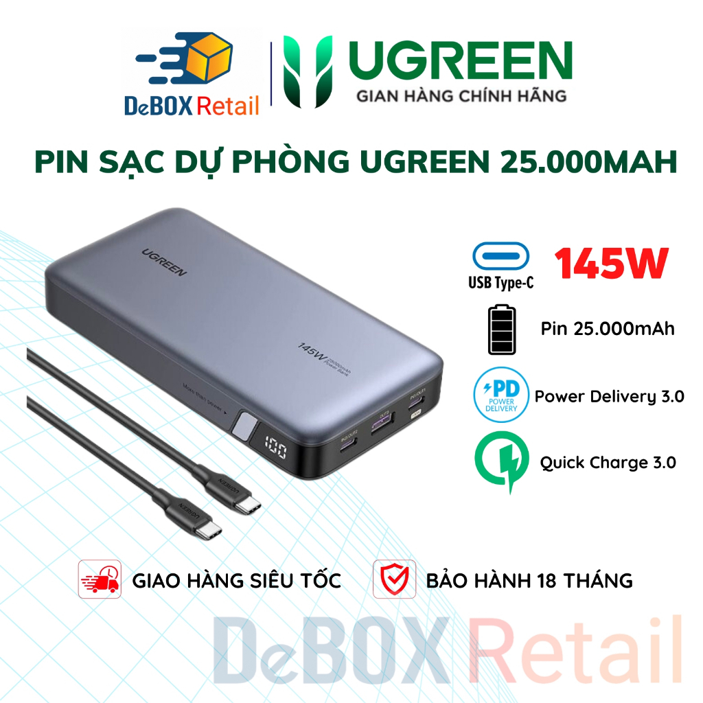 Bộ pin sạc dự phòng 145W 25000mAh UGREEN | Chuẩn USB-C PD3.0 QC3.0 | 3 cổng | Bảo Hành 18 Tháng 1 Đổi 1| 90597A