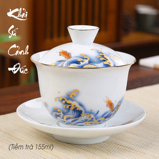 Chén khải sứ trắng hoa văn cá chép - Tiềm trà cá chép vượt vũ môn Khải sứ Cảnh Đức 155ml