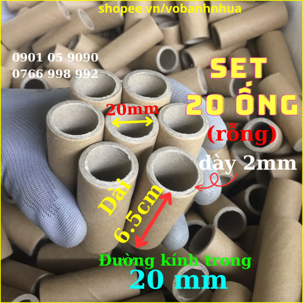 Set 20 ống phóng lõi giấy đường kính trong 20mm, dài 6.5cm rỗng phóng hoa, quấn màng PE, quấn chỉ, chơi Tết
