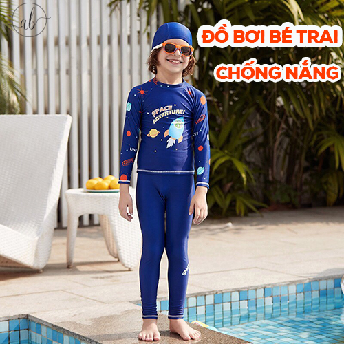 Đồ bơi bé trai tay dài chống nắng quần dài kèm mũ phi thuyền siêu xinh, có size đại (17kg - 26kg) - Anbella DBBT017