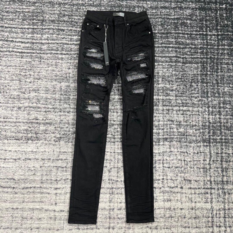 ✨[ Hight Quality ] Hàng Có Sẵn Quần Jeans Amiri Đen Wash Rách Đính Đá Lấp Lánh - Dáng SlimFit - Hàng Loại 1