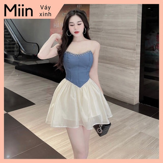 Váy cúp dây đá denim phối chân tơ