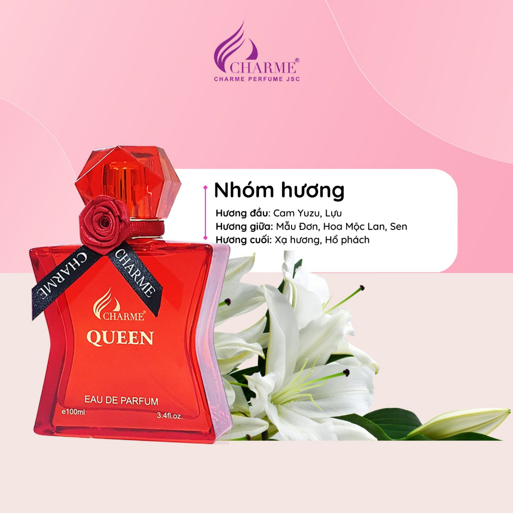 Nước hoa Nữ Charme Queen 100ml ướp cánh hồng thơm ngát trên làn da mềm mại, lưu hương lâu và toả hương xa