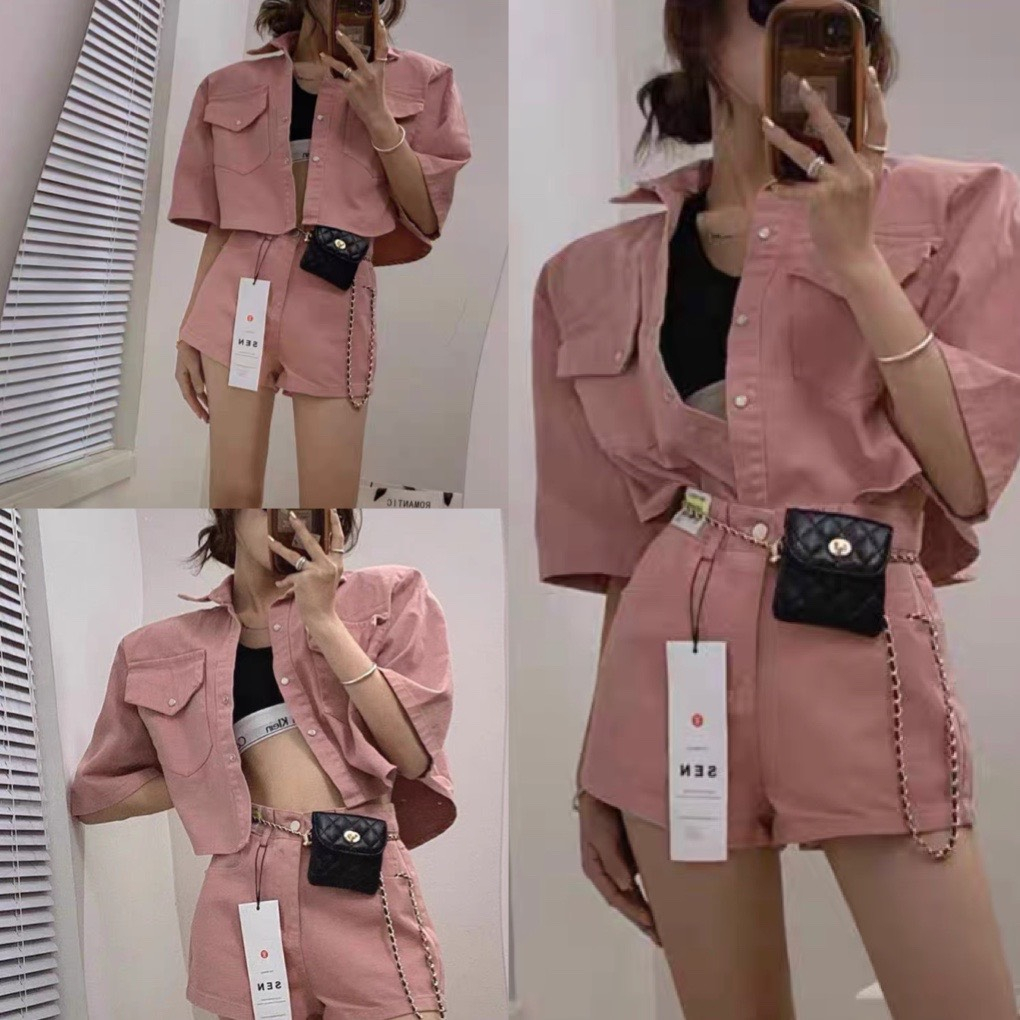 Áo jean croptop ngắn tay kèm quần short lưng cao màu hồng, sét đồ bộ nữ áo khoác bò chất bò co dãn ulzzang hàn quốc