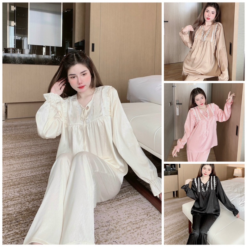 Bộ tiểu thư tay dài phối ren, lụa xước mềm, xịn