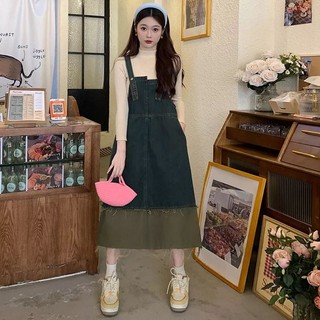 Đầm yếm jean dài phối 2 màu