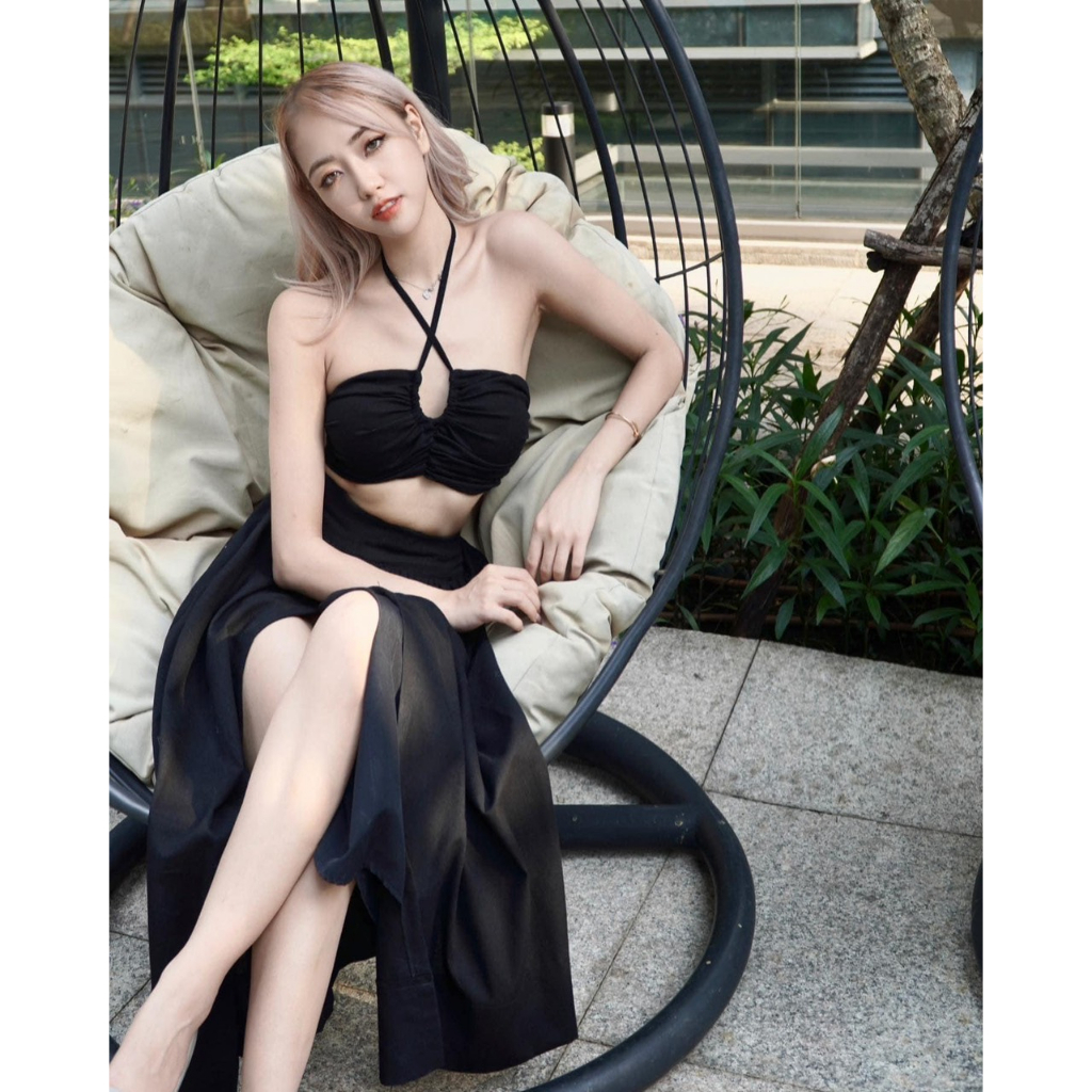 SET BIKINI: ÁO BRA RÚT DÂY CỘT CỔ + CHÂN VÁY MIDI SUÔNG XẺ TÀ 2 MÀU (TH)