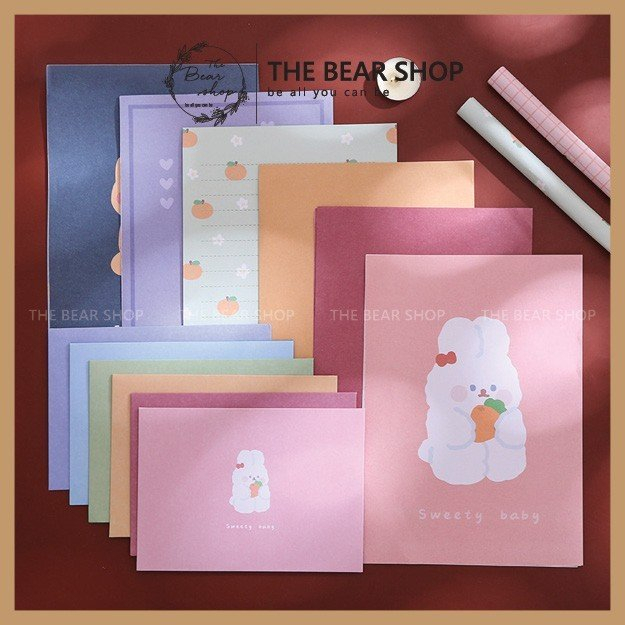 Combo giấy viết thư và bì thư khổ B5 dày dặn cao cấp phong cách dễ thương cute - The Bear Shop