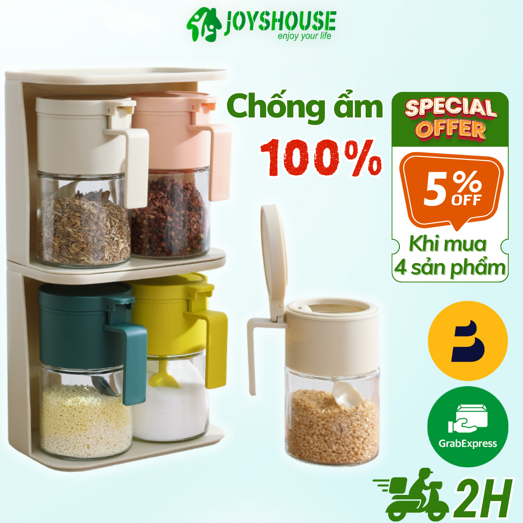 Hũ đựng gia vị thủy tinh cao cấp 350ml nắp kín có gói hút ẩm và ron silicon chống ẩm tặng kèm 2 muỗng và nhãn lọ gia vị
