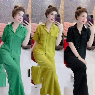 Set bộ sơ mi tay ngắn quần dài chất đũi mặc siêu sang , Set bộ nữ sơ mi tay lỡ quần dài chất đũi kèm vải thật M831