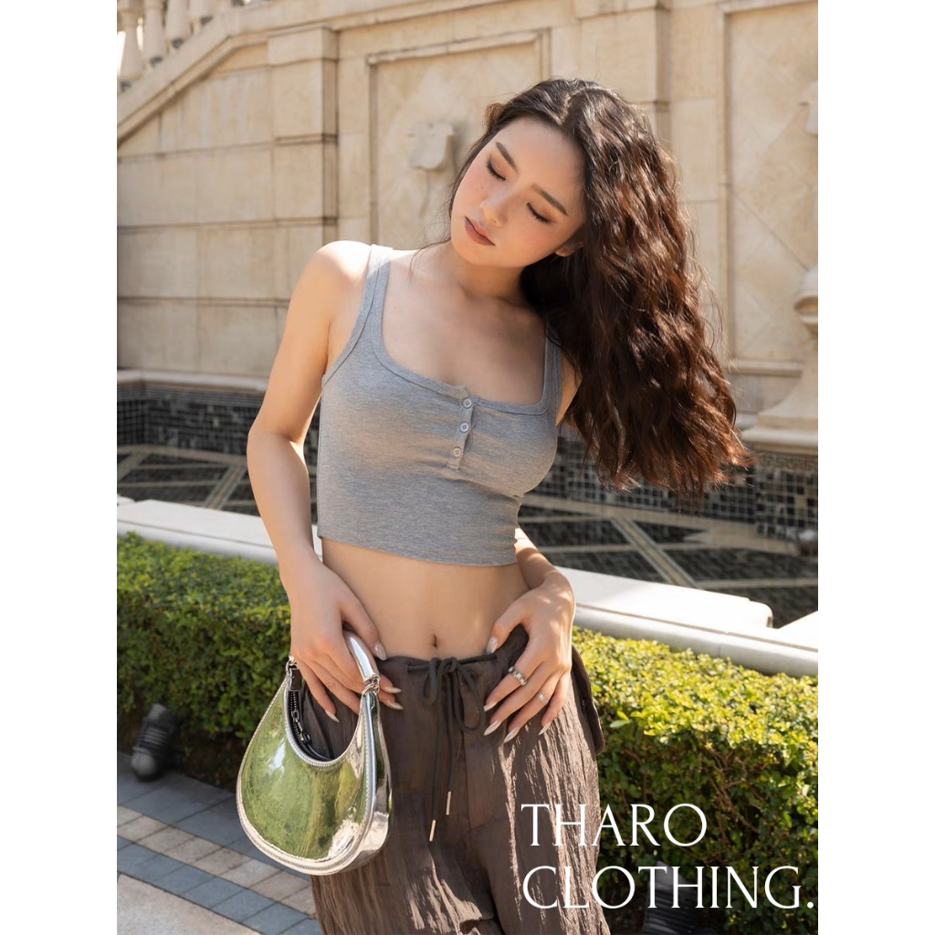 Áo Croptop Sát Nách, Cổ Vuông Đính Nút - Tharo Clothing [AO00116]