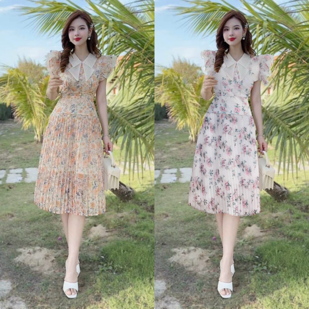 Váy đầm voan hoa dập ly phối cổ nơ xinh xắn kiểu dáng trẻ trung thanh lịch