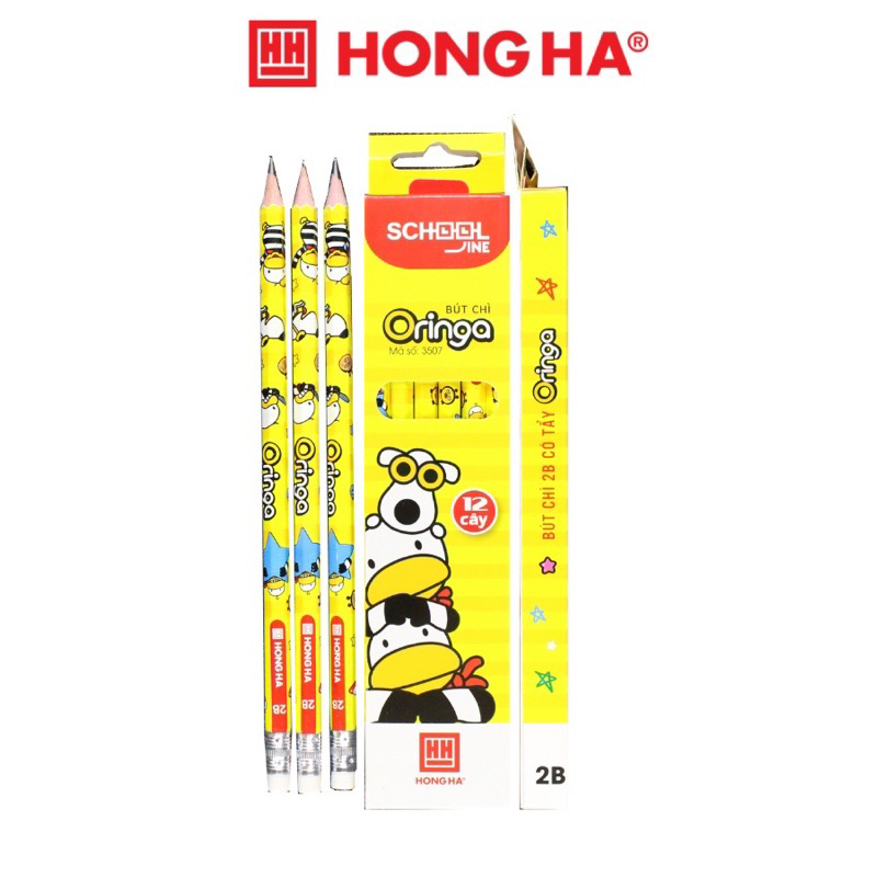 Hộp 12 cây bút chì gỗ Oringa 2B Hồng Hà có đầu tẩy -3507