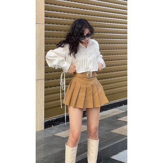 Set áo lụa sơ mi croptop tay dài phối dây mix chân váy xếp ly thắt eo bản to cực chất
