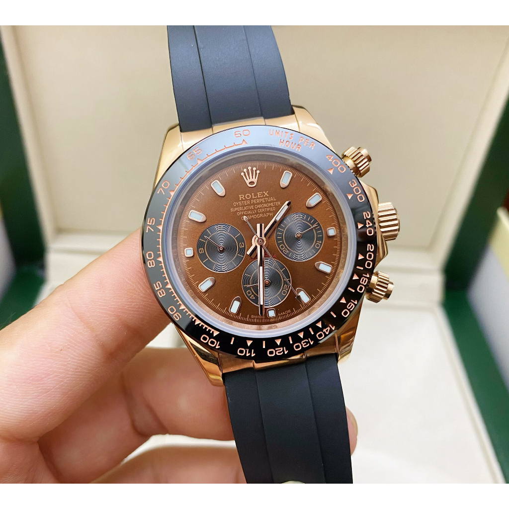 Đồng hồ Nam Rolex 6kim vành toạ độ vỏ vàng hồng dây cao su máy nhật dòng cơ Automatic mặt nâu 40mm