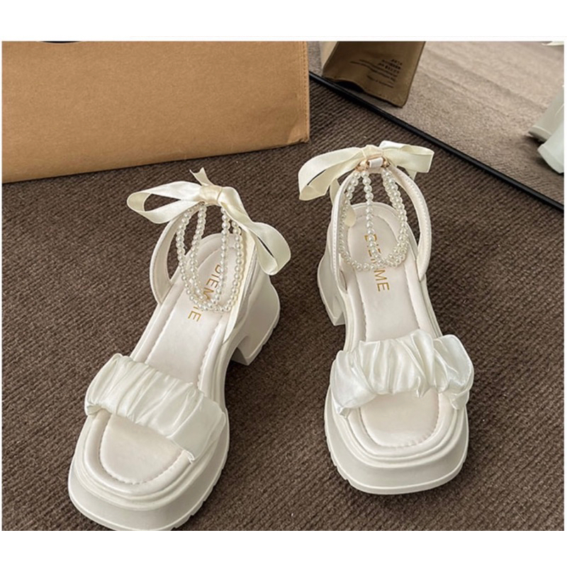 Sandal cao gót, giày quai ngang dây ngọc thắt nơ phong cách tiểu thư thời trang dành cho nữ