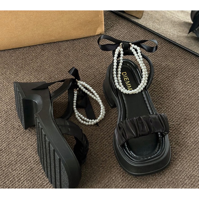 Sandal cao gót, giày quai ngang dây ngọc thắt nơ phong cách tiểu thư thời trang dành cho nữ