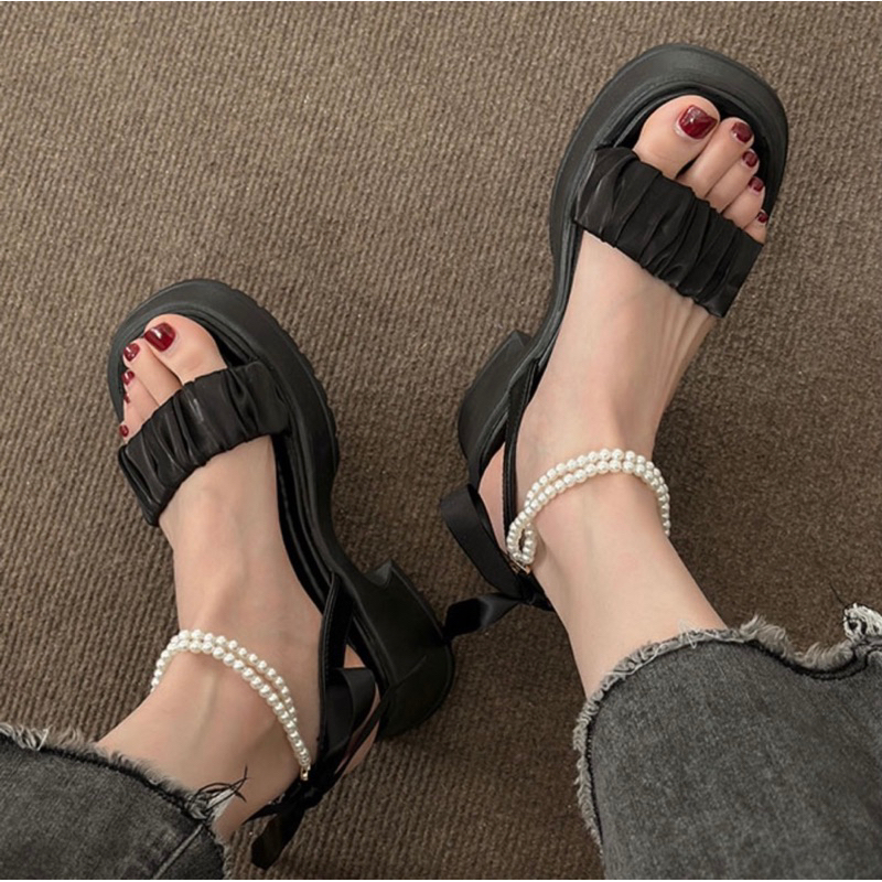 Sandal cao gót, giày quai ngang dây ngọc thắt nơ phong cách tiểu thư thời trang dành cho nữ