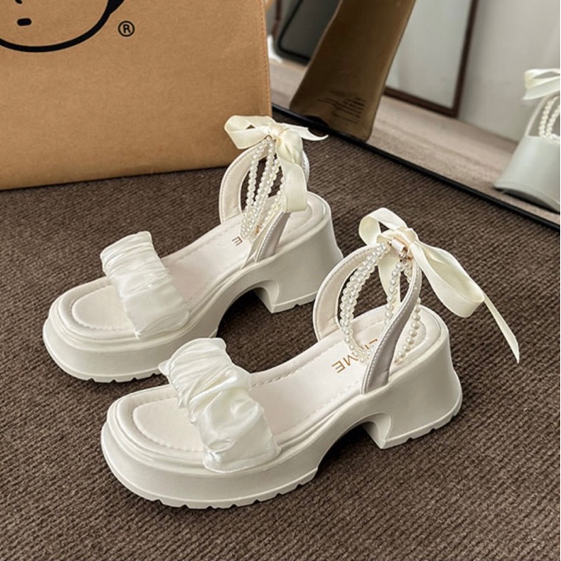 Sandal cao gót, giày quai ngang dây ngọc thắt nơ phong cách tiểu thư thời trang dành cho nữ