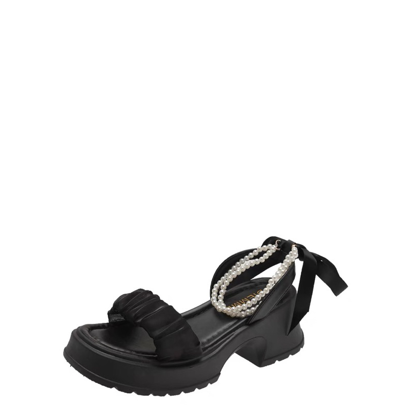 Sandal cao gót, giày quai ngang dây ngọc thắt nơ phong cách tiểu thư thời trang dành cho nữ